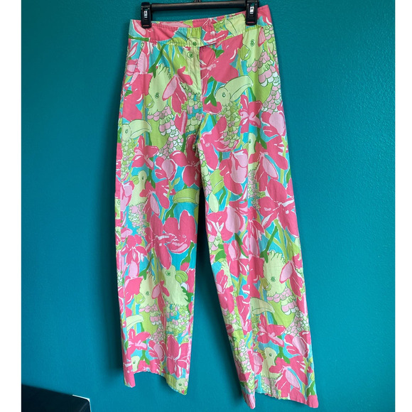 Lilly Pulitzer Parrots in Paradise Pink & Green Wide Leg Pants Women's 4 - Picture 8 of 9